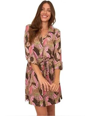 Cabana‎ Life Myers Button Down Shirt Dress Pink Leaf XL UPF